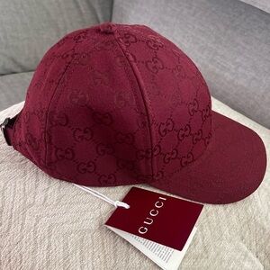 Gucci Burgundy Monogram Cap with Green Stripe